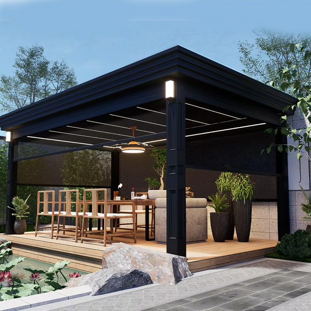 Pergola-Pavillon aus Aluminium f&uuml;r den Au&szlig;enbereich mit Vorh&auml;ngen und Netz f&uuml;r Terrasse und Garten
